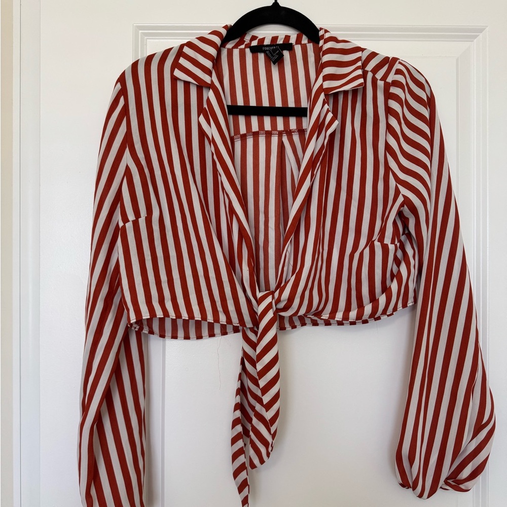 Forever 21 Red and White Striped Tie-Front Blouse